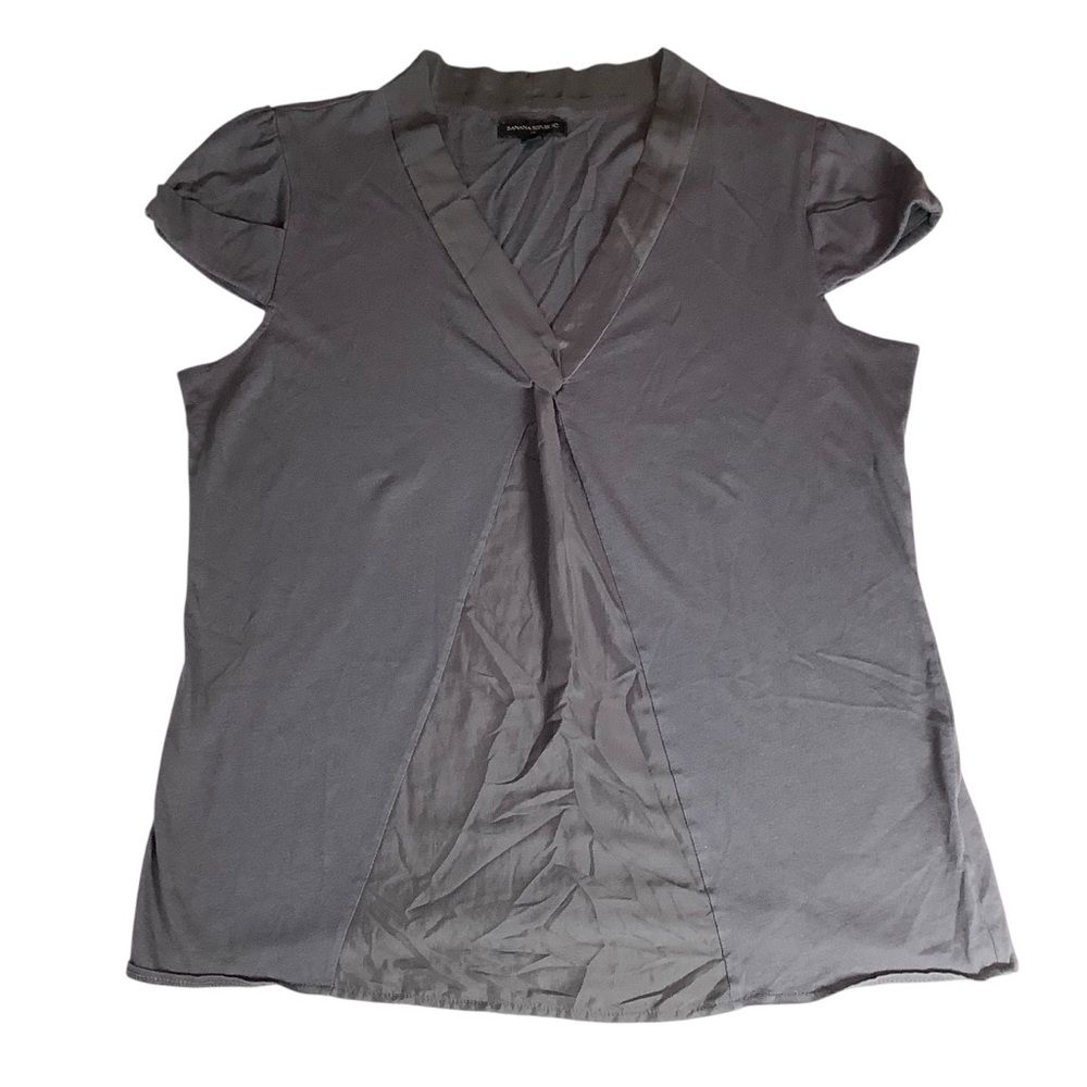 Banana Republic V-Neck Pleated Blouse XL Gray Purple Cap Sleeve Cotton Modal